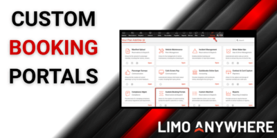 Custom Booking Portals, a screenshot of the portals in Limo Anywhere, and the Limo Anywhere logo