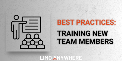 Best Practices: Training New Team Members on a gray background with an image of a trainer and employees.